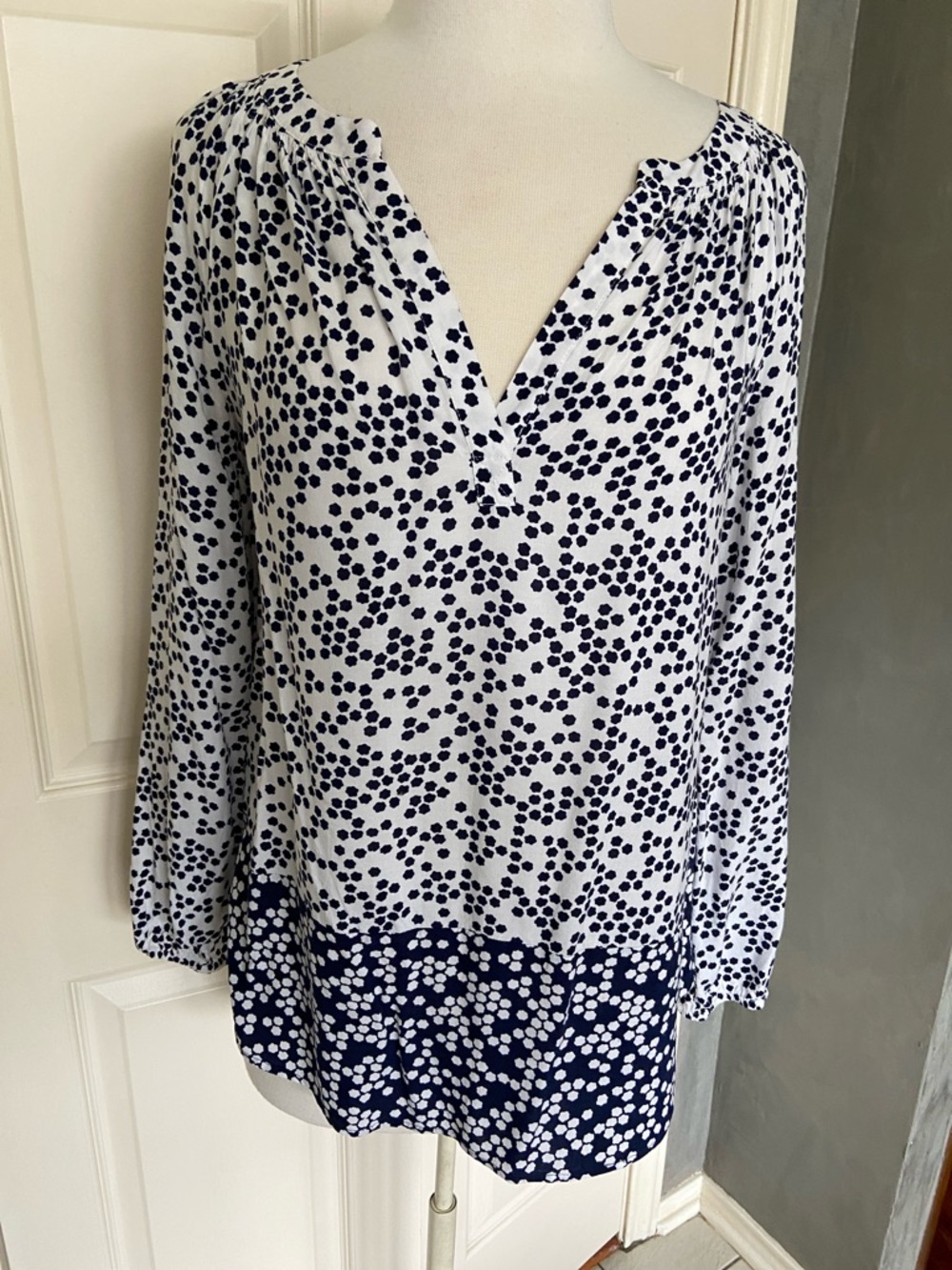 Boden Navy and White Long-Sleeve V-Neck Blouse